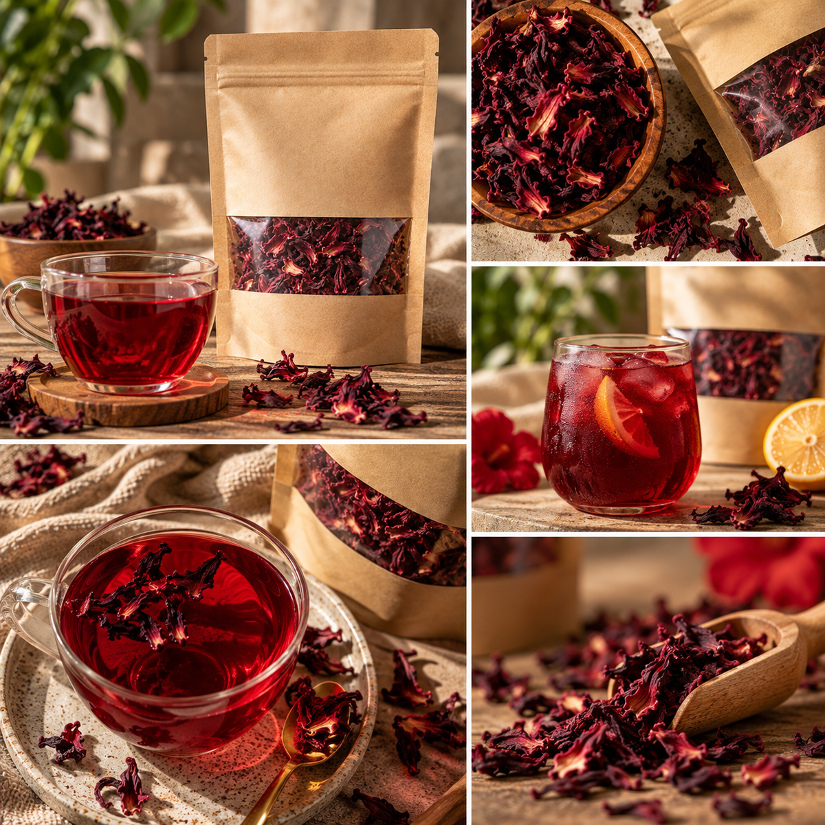 Ceai de hibiscus roșu preparat din flori uscate naturale, servit cald și rece
