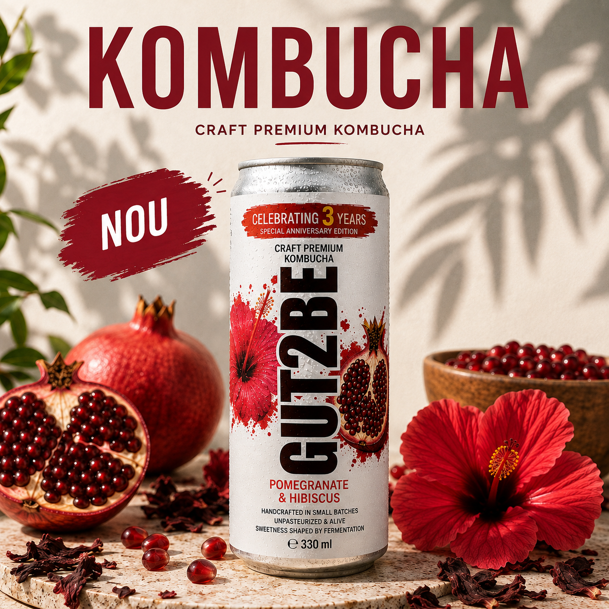 Kombucha GUT2BE cu rodie și hibiscus roșu – ediție specială aniversară