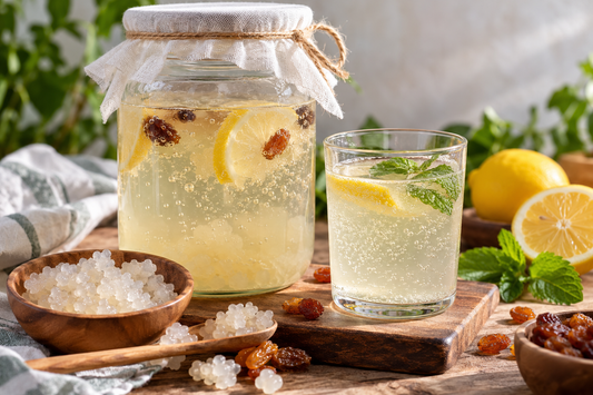 Chefir de apă preparat acasă cu granule active, lămâie și stafide – rețetă simplă de fermentare în 48 de ore