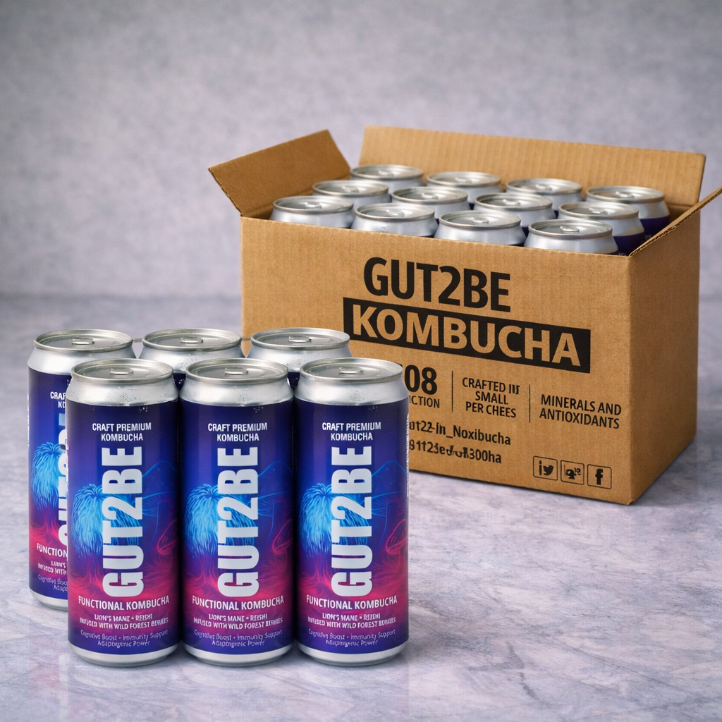 Box with 12 cans of kombucha with lions mane and reishi and forest fruits