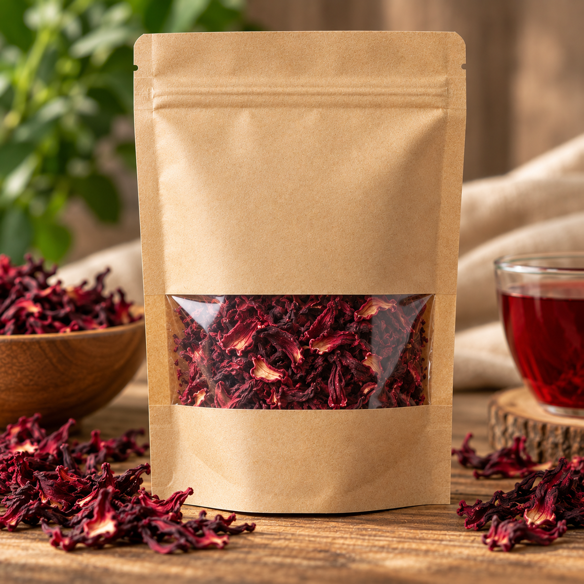 Ceai de hibiscus roșu din flori uscate naturale în ambalaj kraft cu fereastră transparentă
