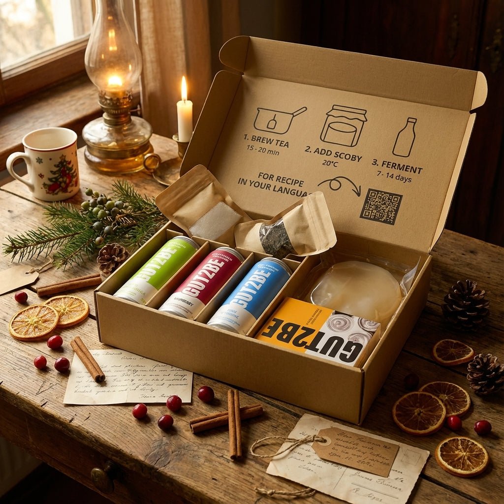 kit kombucha GUT2BE pentru prepararea kombucha acasă cu cultură și starter