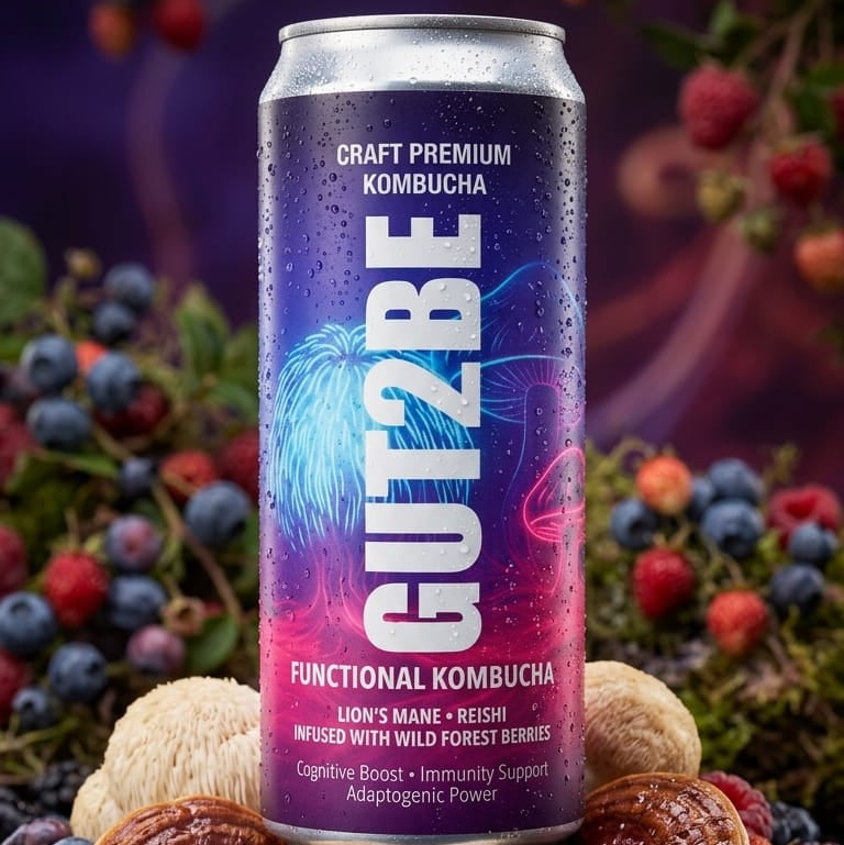 kombucha adaptogenă GUT2BE cu lions mane și reishi infuzată cu fructe 