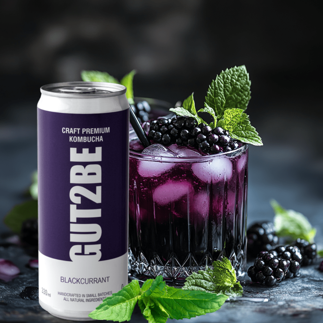 kombucha fermentată natural cu coacăze negre marca GUT2BE