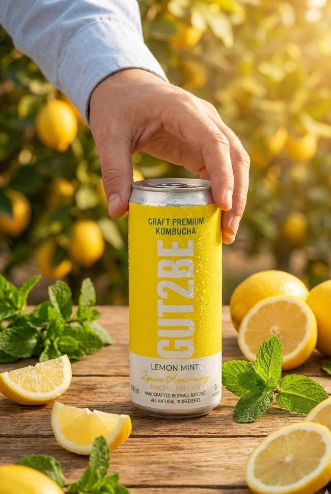 kombucha premium GUT2BE cu lămâie și mentă băutură probiotică
