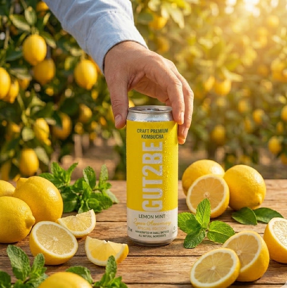 kombucha GUT2BE cu lămâie și mentă băutură probiotică fermentată natural