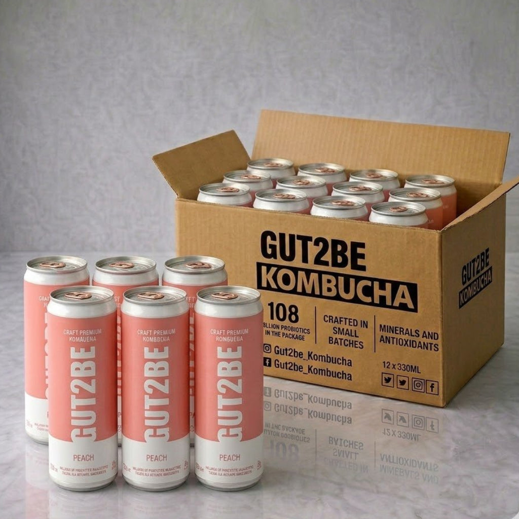 kombucha GUT2BE cu piersică băutură probiotică fermentată natural