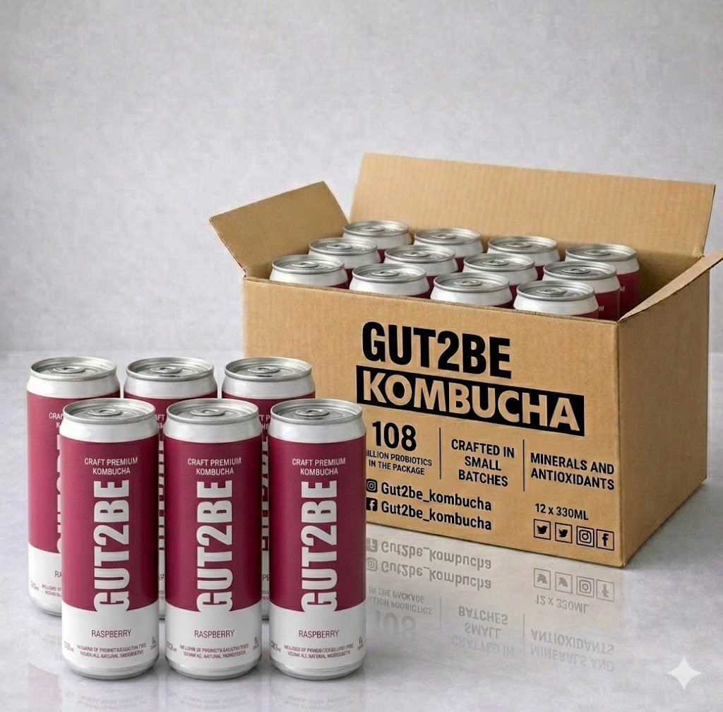 kombucha GUT2BE cu zmeură băutură probiotică fermentată natural